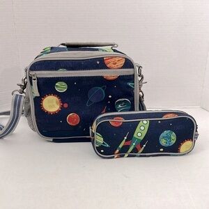 Pottery Barn Kids Mackenzie Space-Themed lunchbox with strap and pouch Navy Blue